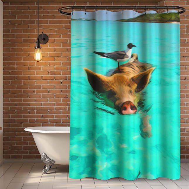 Rideaux De Douche Baignade de cochon avec oiseaux aux Bahamas (Créateur téléchargé)