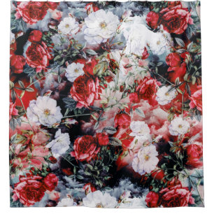 Rideaux De Douche Bain noir blanc rouge floral de roses victoriens