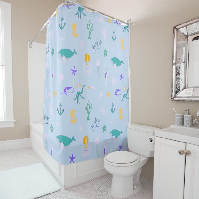 Rideaux De Douche Baleine, Ancres, coraux et Motif d'algues (En situation)