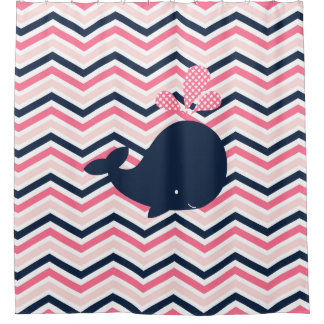 Rideaux De Douche Baleine de bleu marine sur le rose, rayures de