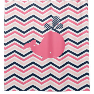 Rideaux De Douche Baleine rose sur rose, blanc, Navy Chevron Stripes