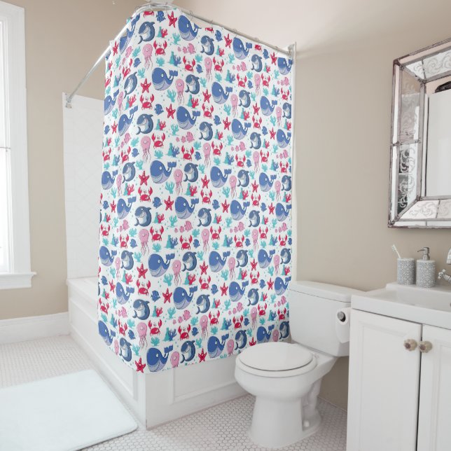 Rideaux De Douche Baleines bleues heureuses pour enfants (En situation)
