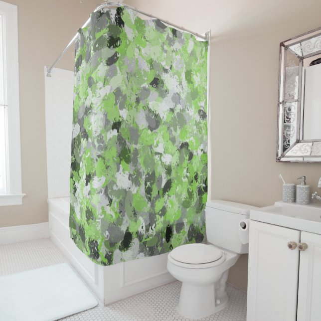 Rideaux De Douche Balles de peinture grises et vert citron (En situation)