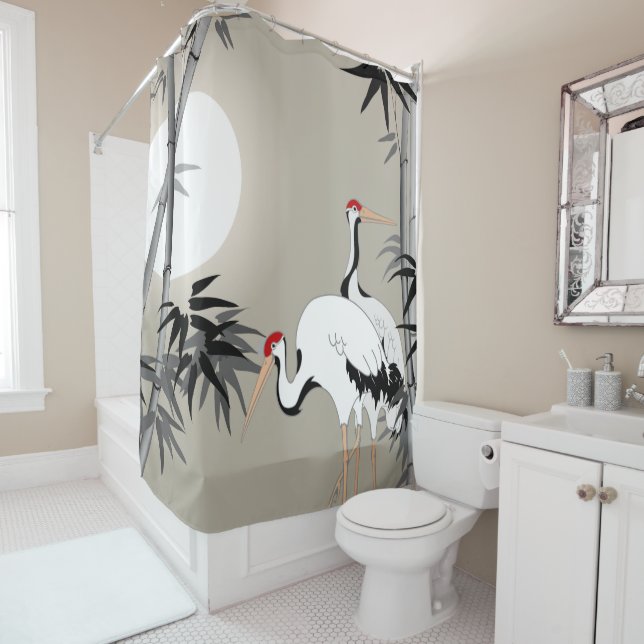 Rideaux De Douche Bambou oriental et grues au coucher du soleil (En situation)