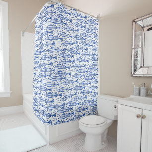 Rideaux De Douche Banc du motif de poissons - bleu marine sur le