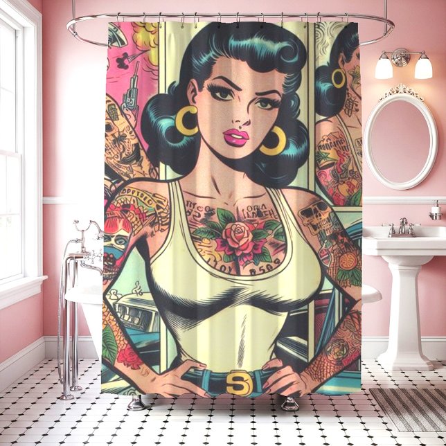 Rideaux De Douche Bande dessinée rétroactive à base de tatouage (Créateur téléchargé)