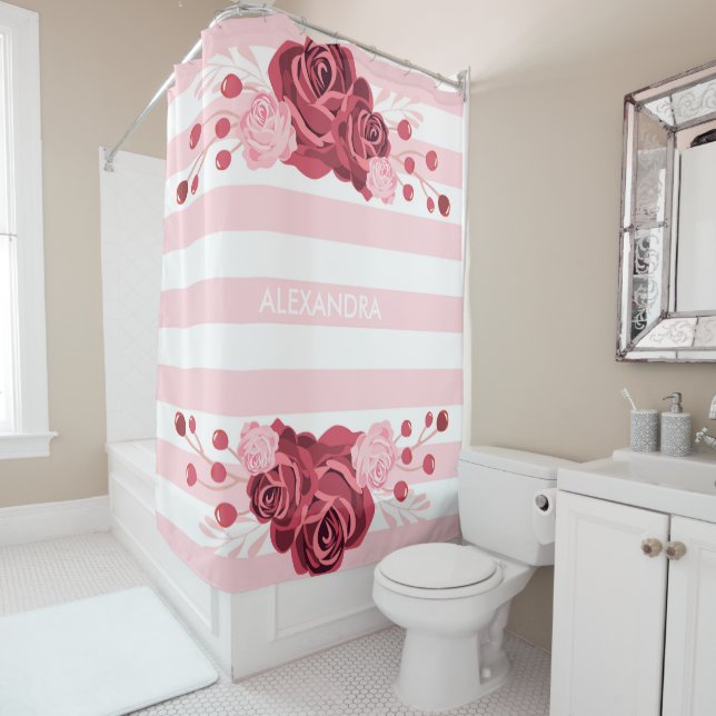 Rideaux De Douche Bandes florales roses (En situation)