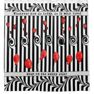 Rideaux De Douche Bandes noires et blanches avec Coeur, Ballons et C
