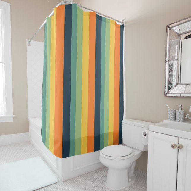 Rideaux De Douche Bandes orange, bleue, jaune et verte (En situation)