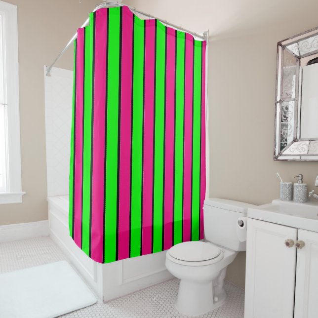 Rideaux De Douche Bandes roses chaudes et vertes de citron vert (En situation)
