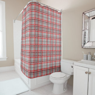 Rideaux De Douche Bandes rouges et charbonneuses sur les madras gris
