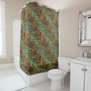 Rideaux De Douche Baroque Floral Émeraude avec Ornements Dorés