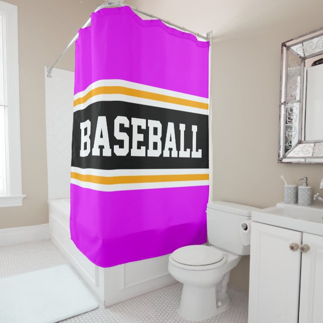Rideaux De Douche BASEBALL rose vif noir Jaune Stripes (En situation)