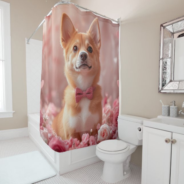 Rideaux De Douche Basenji avec des roses - Saint-Valentin (En situation)