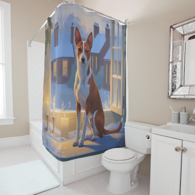 Rideaux De Douche Basenji avec lumières de Noël vacances (En situation)