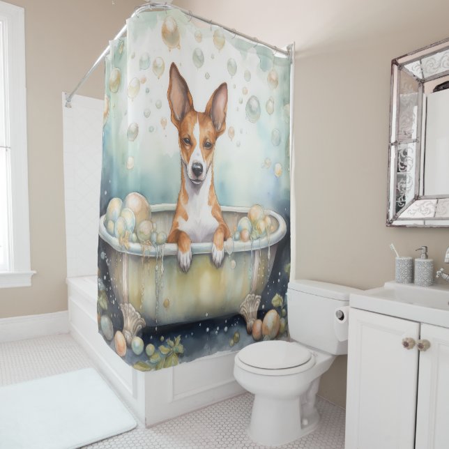 Rideaux De Douche Basenji Dans La Baignoire Aquarelle Chien Art (En situation)