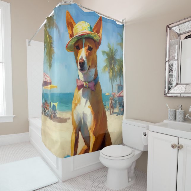 Rideaux De Douche Basenji sur la plage, cadeau d'été pour les amoure (En situation)