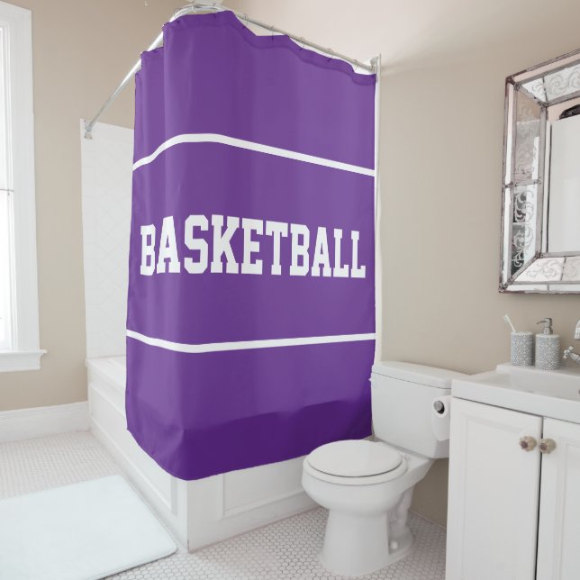 Rideaux De Douche BASKETBALL amusant Textes Blancs Rayures sur Viole (En situation)