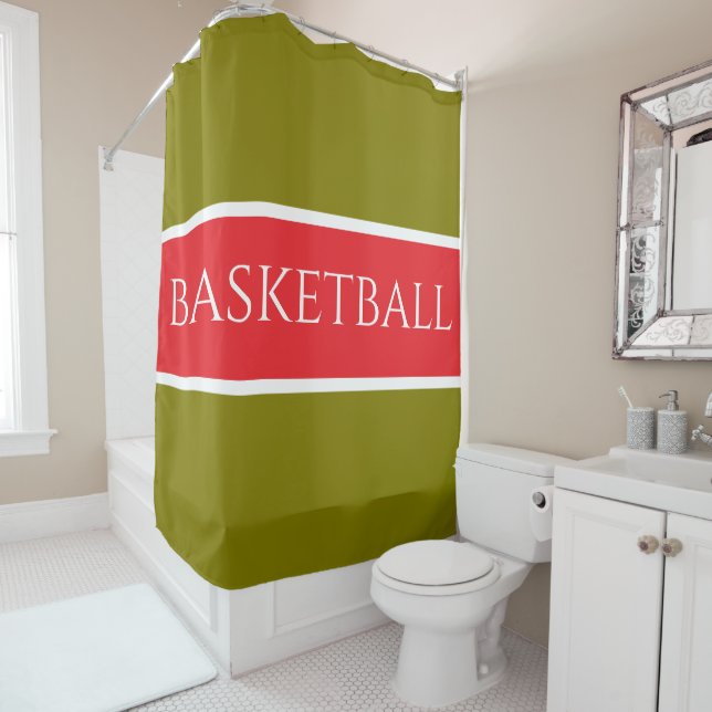 Rideaux De Douche BASKETBALL Olive doré Blanc Rayures Rouge vif (En situation)
