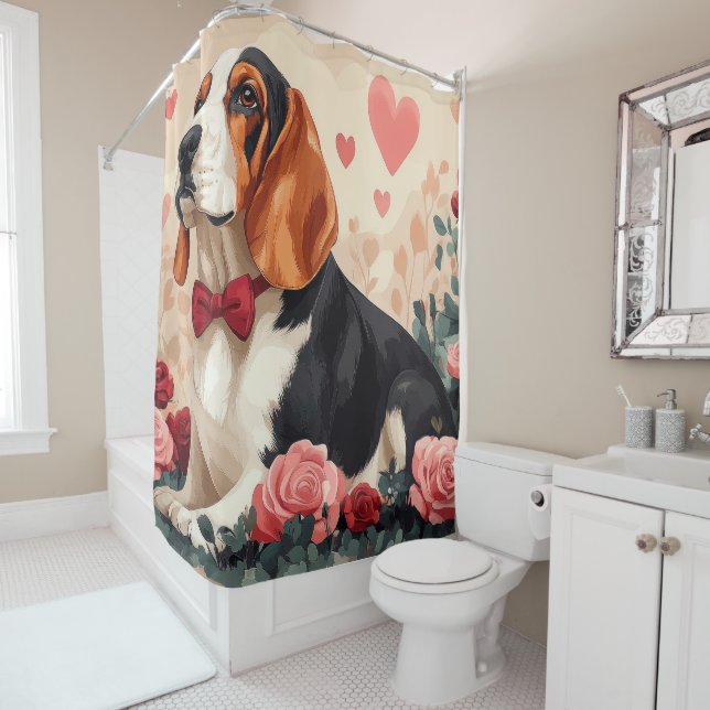 Rideaux De Douche Basset Hound avec des Roses - Saint-Valentin  (En situation)