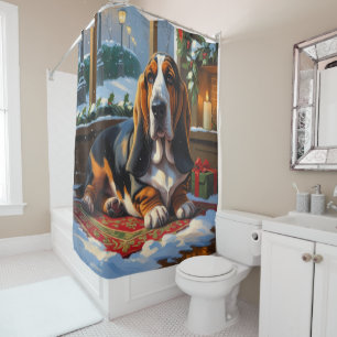 Rideaux De Douche Basset Hound avec lumières de Noël vacances