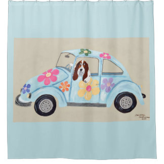 Rideaux De Douche Basset Hound dans une voiture hippie