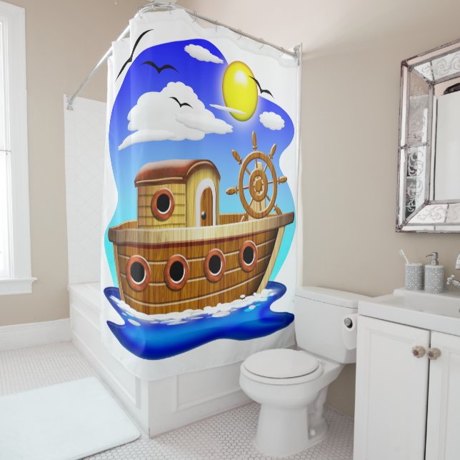 Rideaux De Douche Bateau de pêche dessin animé  (En situation)