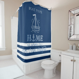 Rideaux De Douche Bateau nautique Ancre Rayures bleu marine