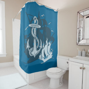 Rideaux De Douche Bateau pirate & Ancre Silhouette blanche