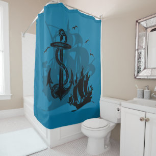 Rideaux De Douche Bateau pirate et Ancre noir Silhouette 2