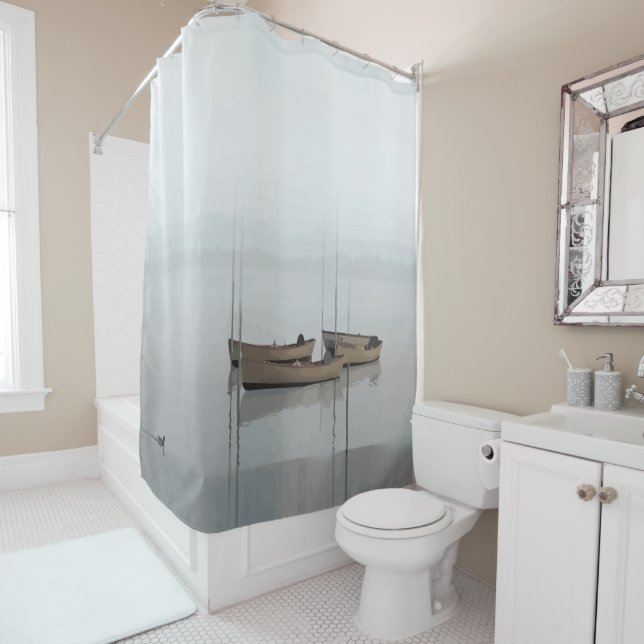 Rideaux De Douche Bateaux de pêche en Gris tendre, Eau gris et ciel (En situation)