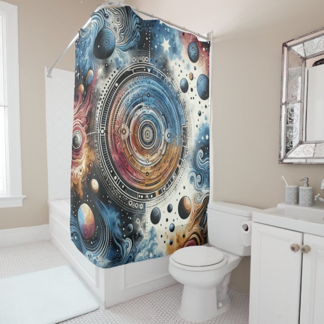 Rideaux De Douche Batik futuriste Art cosmique - Design spatial (En situation)