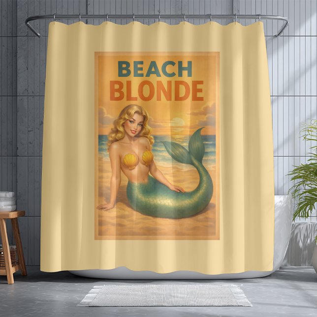 Rideaux De Douche Beach Blonde Pin-Up Mermaid | Yellow Retro Coastal (Créateur téléchargé)