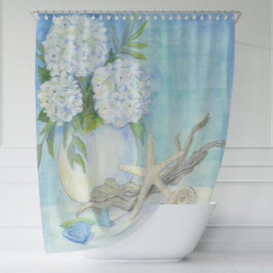 Rideaux De Douche Beach Cottage Seashell Starfish w Sea Glass Floral