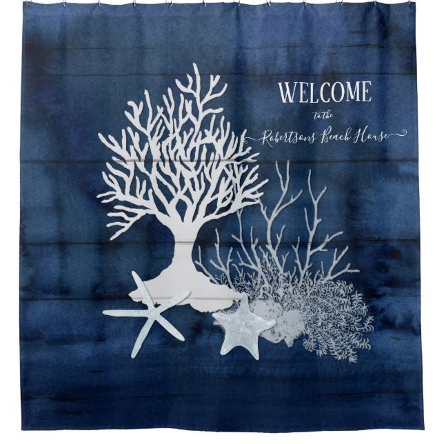 Rideaux De Douche Beach Navy White Welcome Aquarelle Corail Starfish (Devant)