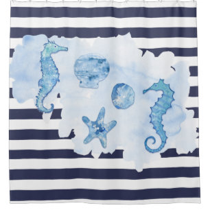 Rideaux De Douche Beach Seahorse Aquarelle Starfish Marine Bleu Blan