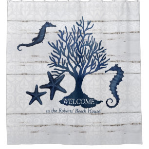 Rideaux De Douche Beach Shore Navy Blue Nom de famille Sehorse Coral