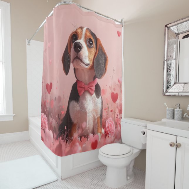 Rideaux De Douche Beagle avec des roses - Saint-Valentin (En situation)