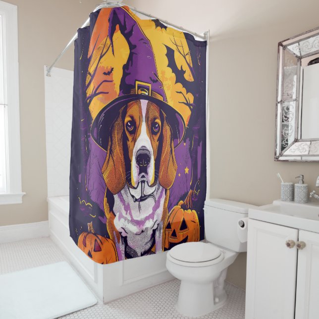 Rideaux De Douche Beagle éffrayant Halloween Witch Et Citrouille (En situation)
