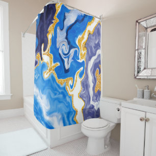 Rideaux De Douche Beau Bleu, Or et Blancs comme Eau