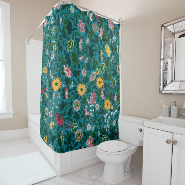 Rideaux De Douche Beau Gras Floral Boho Bleu Vert (En situation)