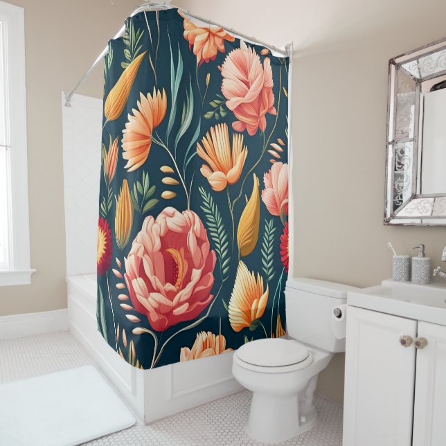 Rideaux De Douche Beau Motif rose, orange et rouge (En situation)