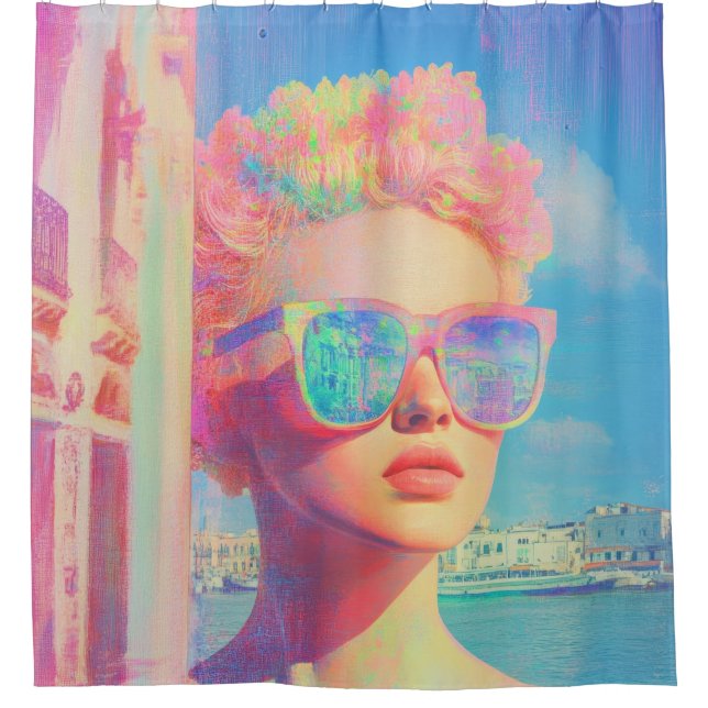 Rideaux De Douche Beauté côtière de Neon avec lunettes de soleil (Devant)