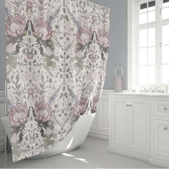 Rideaux De Douche Beautiful Butterflies Floral (Elegant Butterflies Floral Protea Anemone Larkspur Shower Curtain from Studio Posies.)