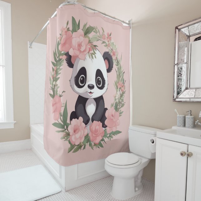Rideaux De Douche Bébé adorable Panda Ours avec fleurs (En situation)