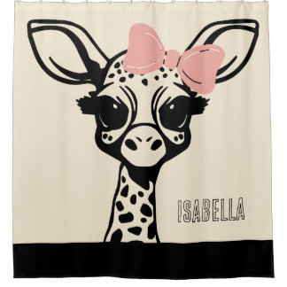 Rideaux De Douche Bébé girafe mignon avec un noeud rose dans les che