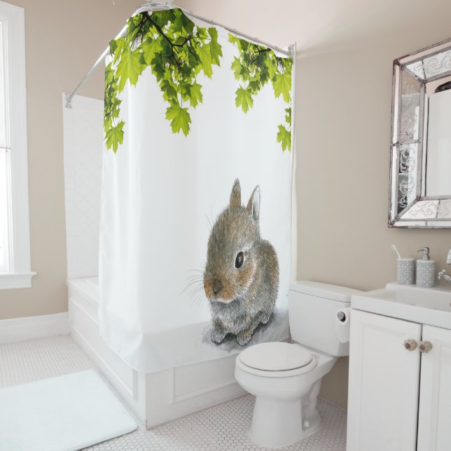 Rideaux De Douche Bébé mignon lapin 61 avec feuillage vert (En situation)