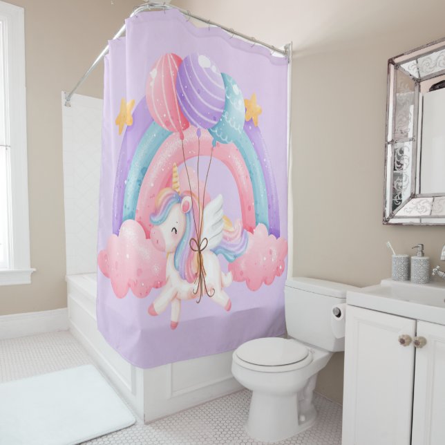 Rideaux De Douche Bébé Unicorn Joli Pastel Rainbow Balloons Enfants (En situation)