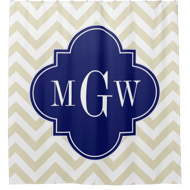 Rideaux De Douche Beige Blanc LG Chevron Navy 3IH Monogramme (Devant)