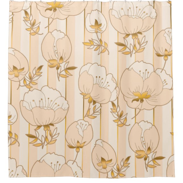 Rideaux De Douche Beige D'Ivoire : Modèle Floral De Luxe. (Devant)